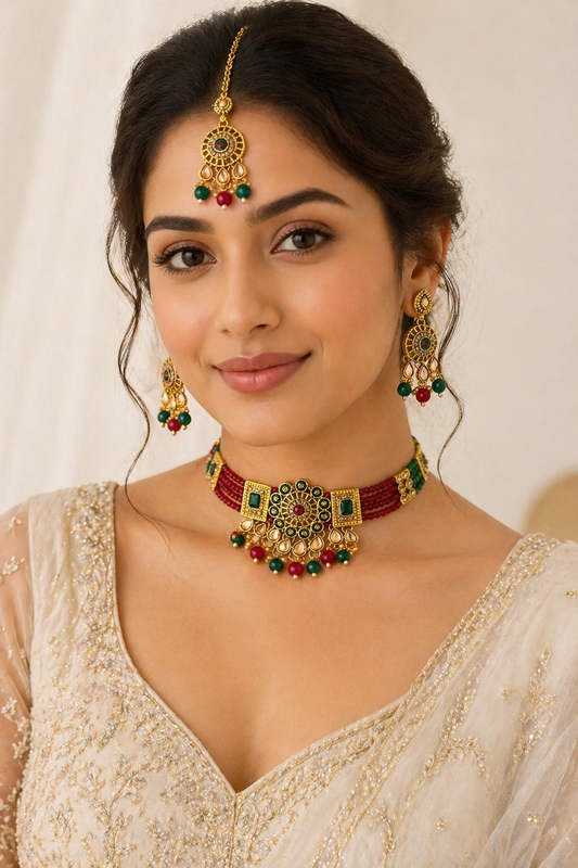 Pearl Choker Set with Earrings & Maang Tikka – Maroon & Green Combination