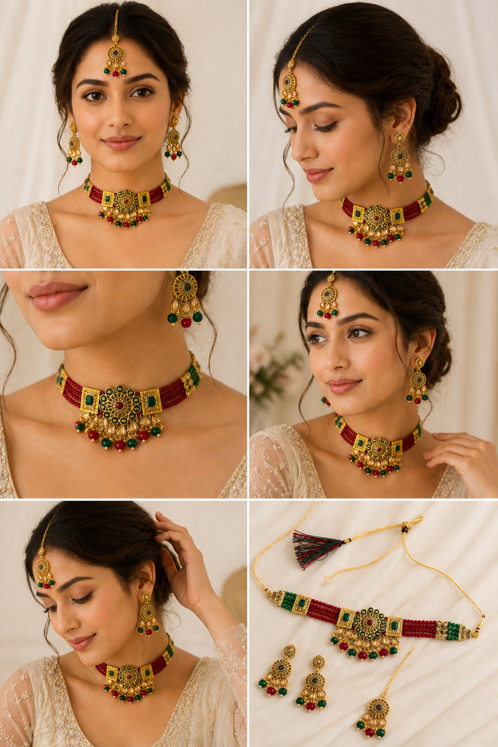 Pearl Choker Set with Earrings & Maang Tikka – Maroon & Green Combination