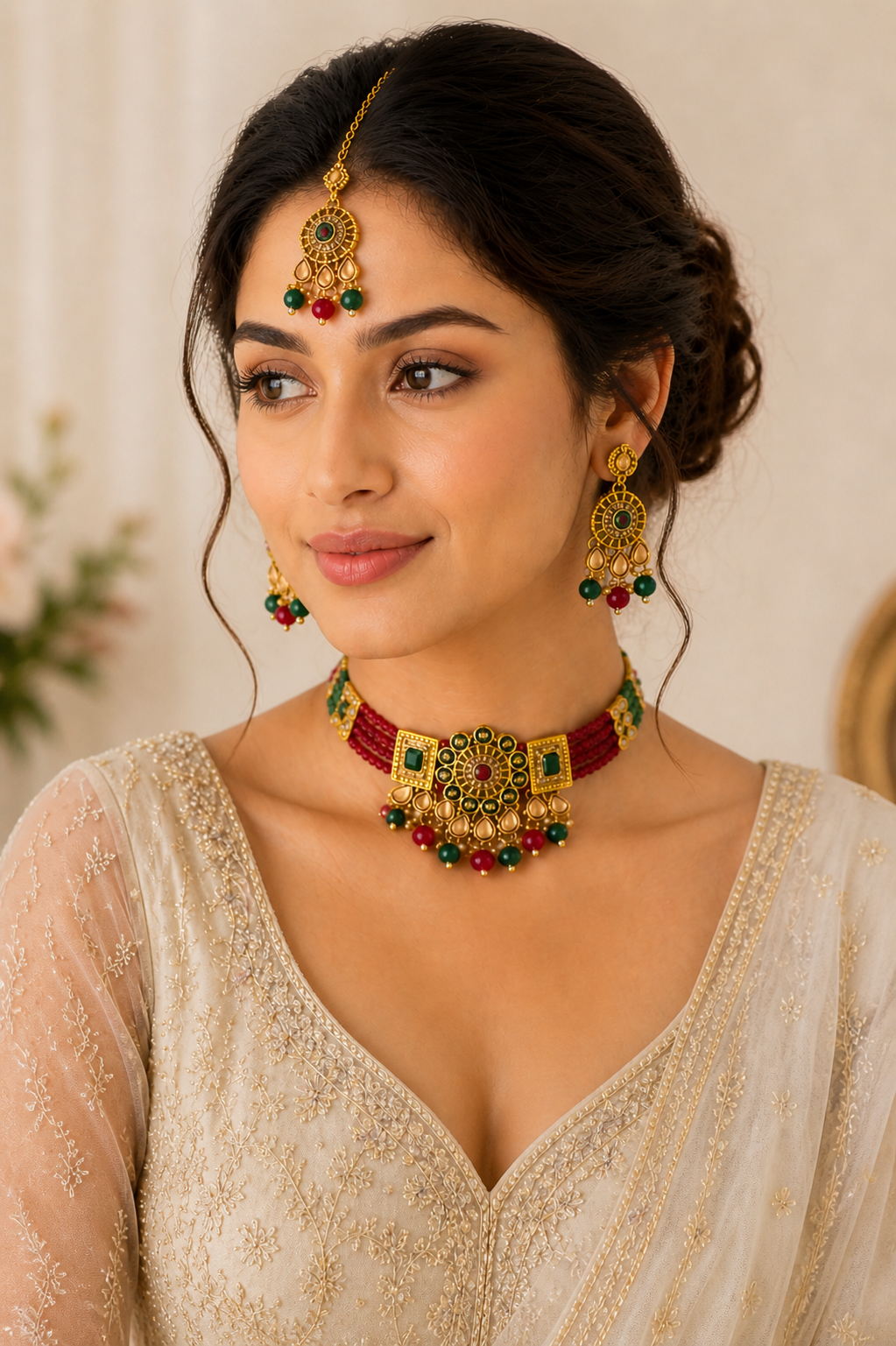 Pearl Choker Set with Earrings & Maang Tikka – Maroon & Green Combination