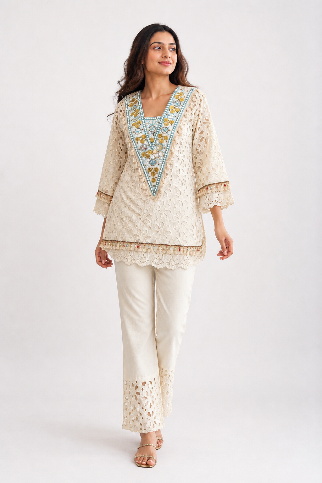 V-Neck Schiffli Embroidered Co-ord Set