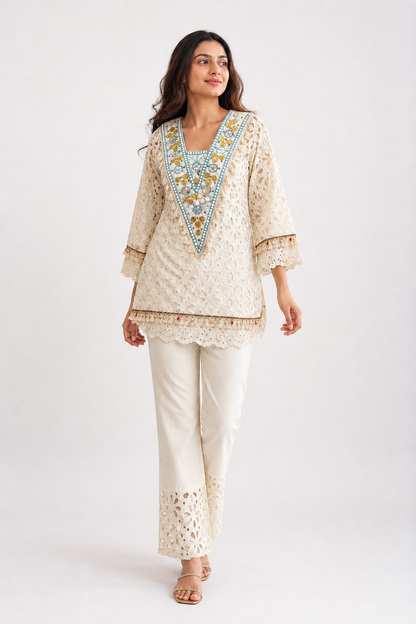 V-Neck Schiffli Embroidered Co-ord Set
