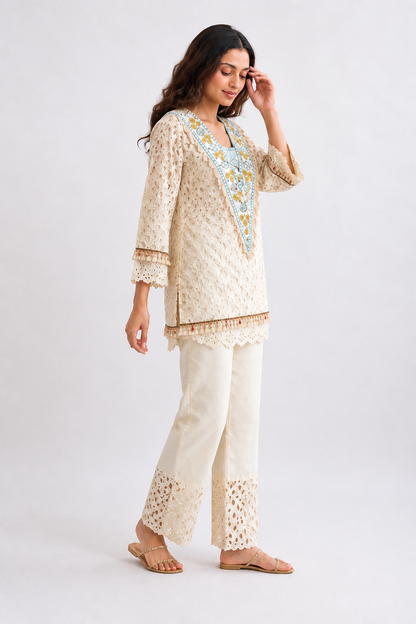 V-Neck Schiffli Embroidered Co-ord Set