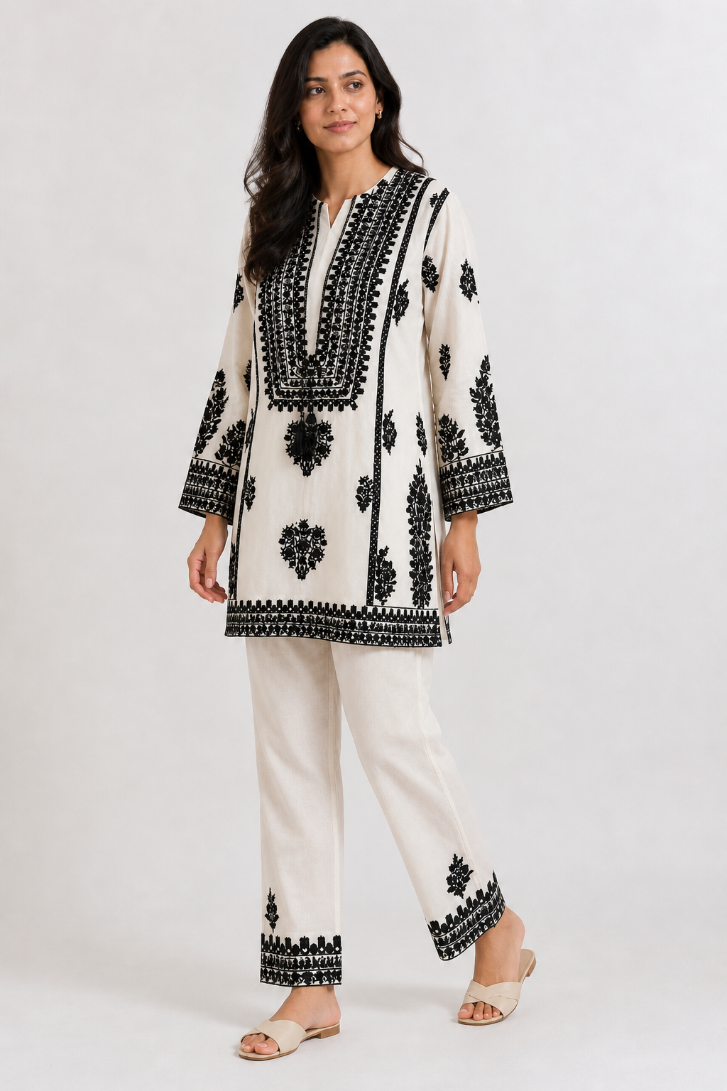 Beige Cotton Co-ord Set with Black Embroidery