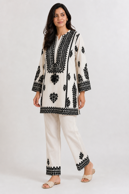 Beige Cotton Co-ord Set with Black Embroidery