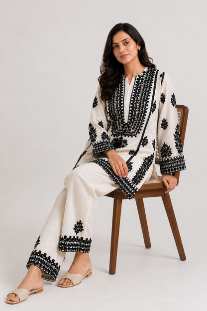 Beige Cotton Co-ord Set with Black Embroidery