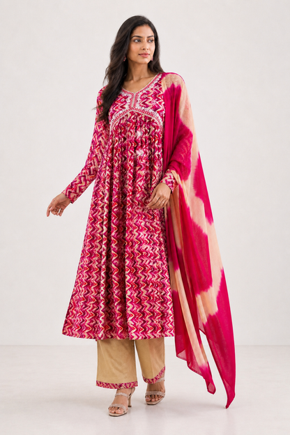 Premium Pink Printed Rayon Cotton Suit – Stylish Side-Cut Anarkali Design