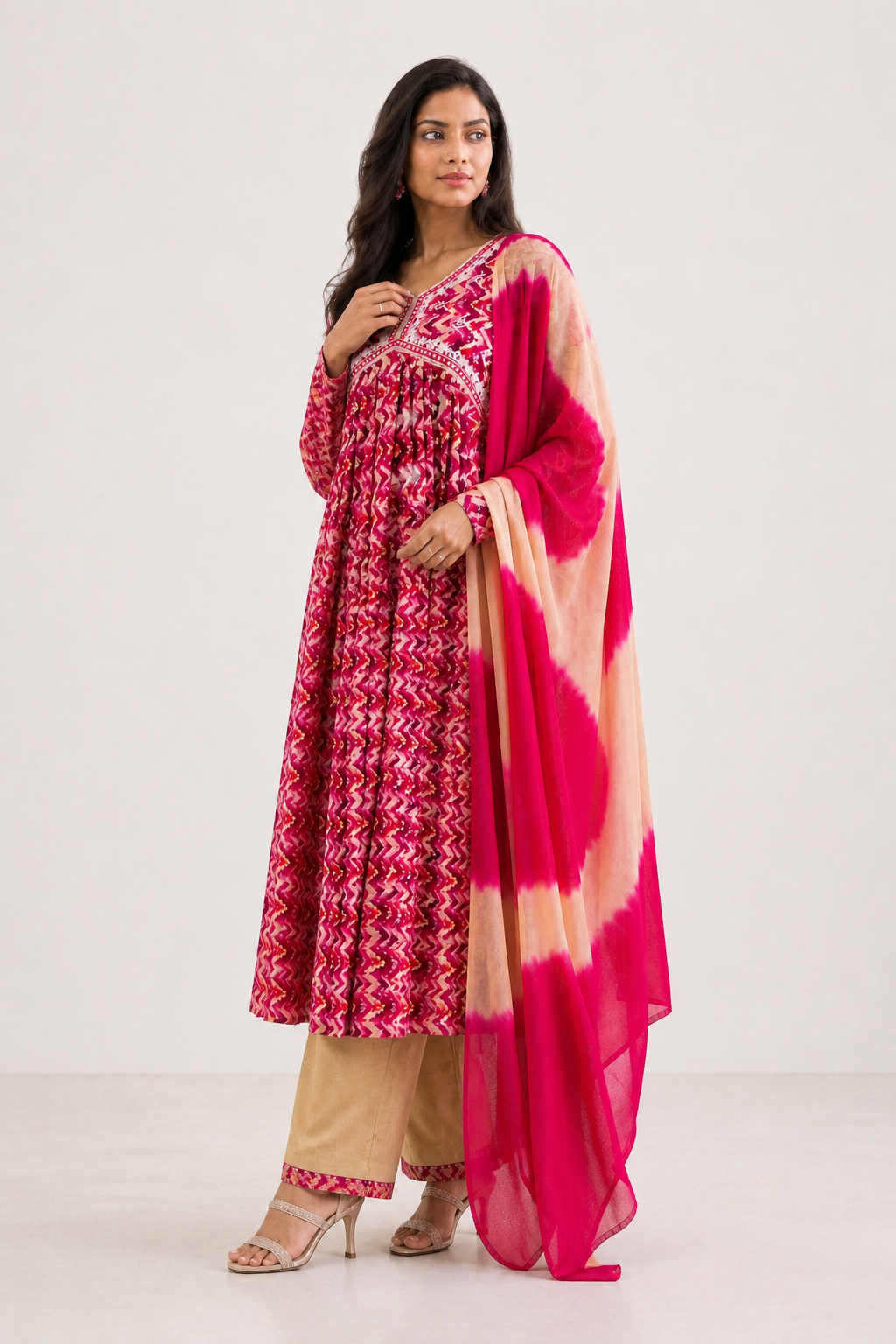 Premium Pink Printed Rayon Cotton Suit – Stylish Side-Cut Anarkali Design