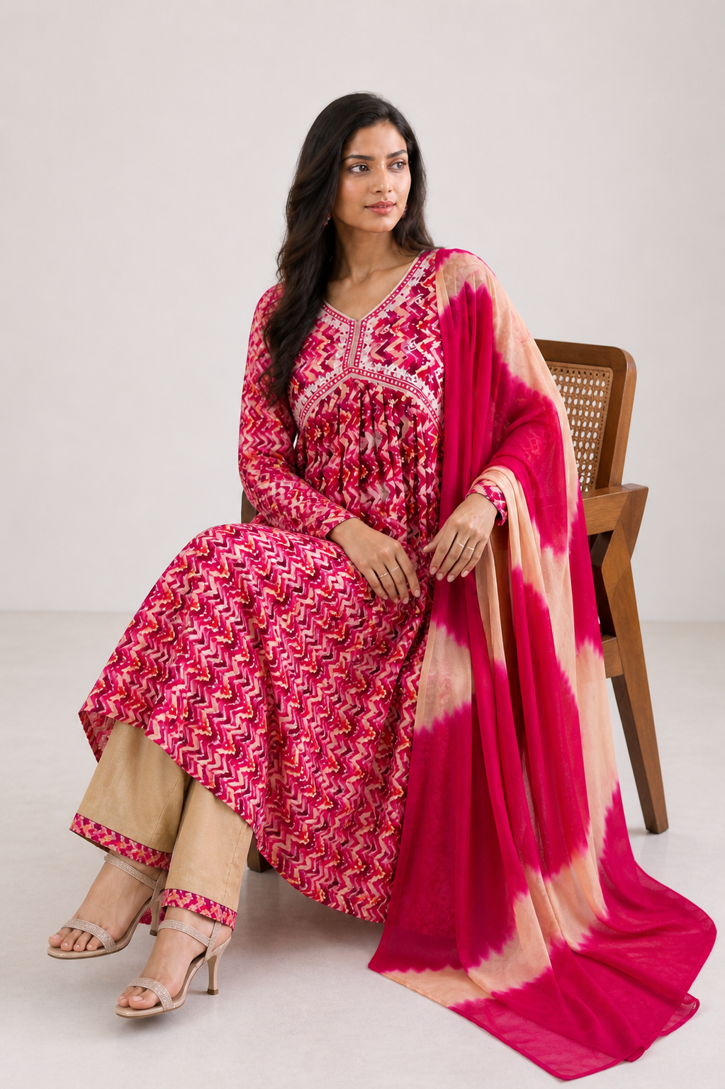 Premium Pink Printed Rayon Cotton Suit – Stylish Side-Cut Anarkali Design