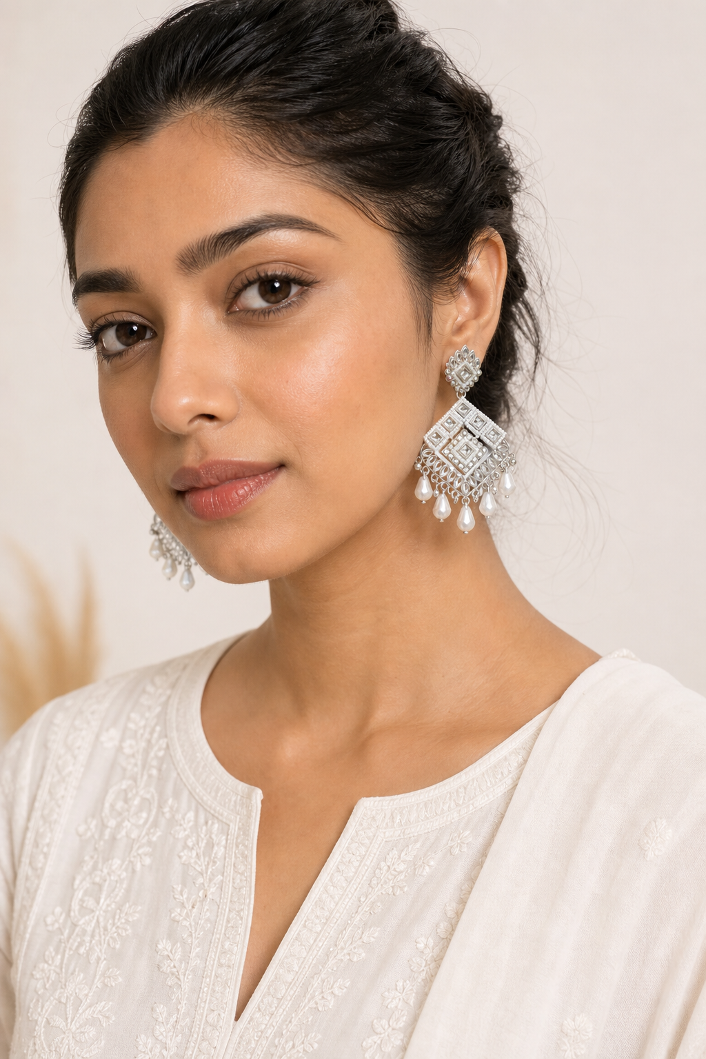 White Triangle Pearl Jhumka Earrings | Premium Ethnic Jewelry