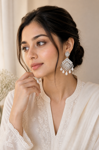 White Triangle Pearl Jhumka Earrings | Premium Ethnic Jewelry
