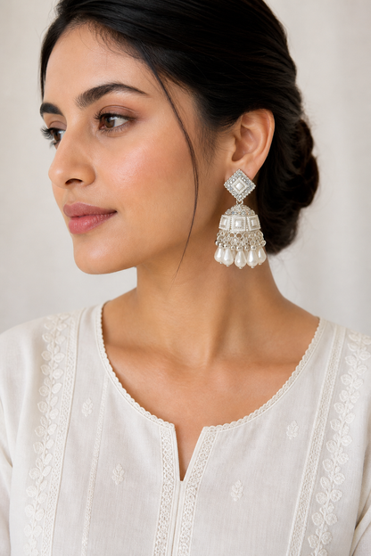 White Pearl Jhumka Earrings | Premium Ethnic Jewelry