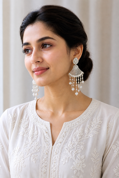 White Pearl Chandelier Earrings | Layered Ethnic Drop Jewelry