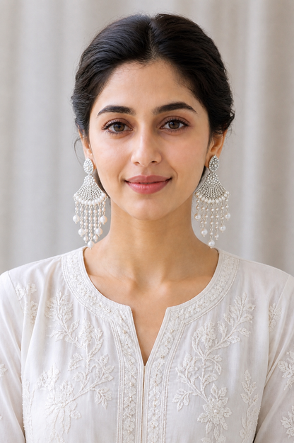 White Pearl Chandelier Earrings | Layered Ethnic Drop Jewelry