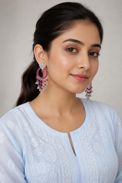Handcrafted Silver Hoop Earrings with Pink Accent | Premium Ethnic Jewelry