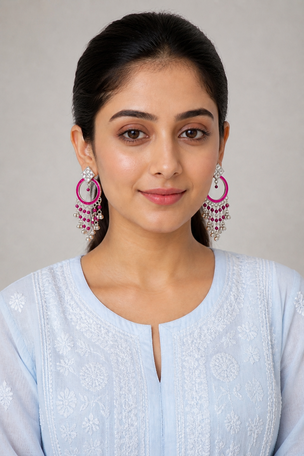 Handcrafted Silver Hoop Earrings with Pink Accent | Premium Ethnic Jewelry