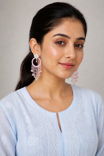 Handcrafted Silver Hoop Earrings with Pink Accent | Premium Ethnic Jewelry