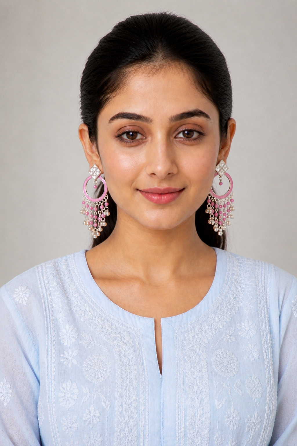 Handcrafted Silver Hoop Earrings with Pink Accent | Premium Ethnic Jewelry