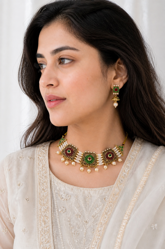 White Moti Strand Pearl Choker Set with Earrings – Premium Quality