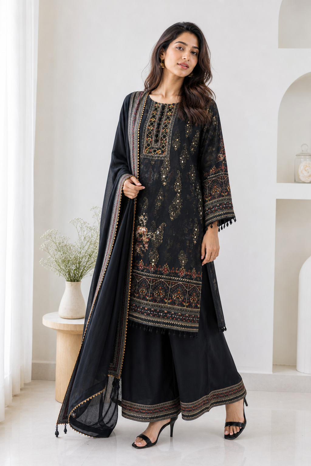 Black Crepe Three-Piece Suit Set with Moti Handwork