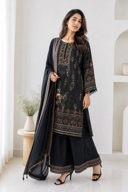 Black Crepe Three-Piece Suit Set with Moti Handwork