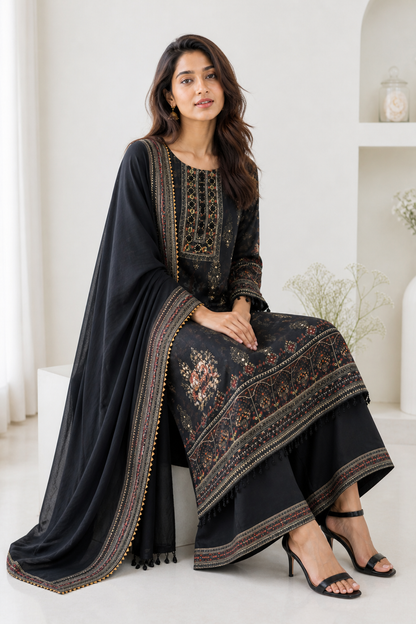 Black Crepe Three-Piece Suit Set with Moti Handwork