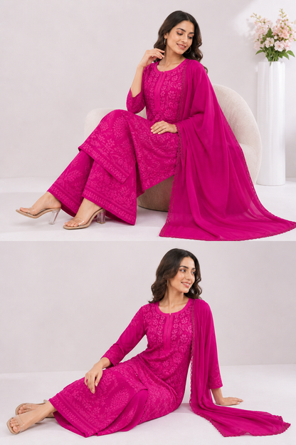 Viscose Georgette Solid 4pc Suit Set - Light Pink | Closetsecrets
