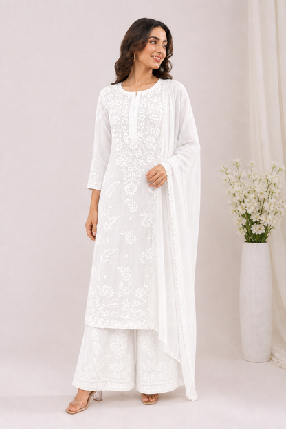 Viscose Georgette Solid 4pc Suit Set - White | Closetsecrets