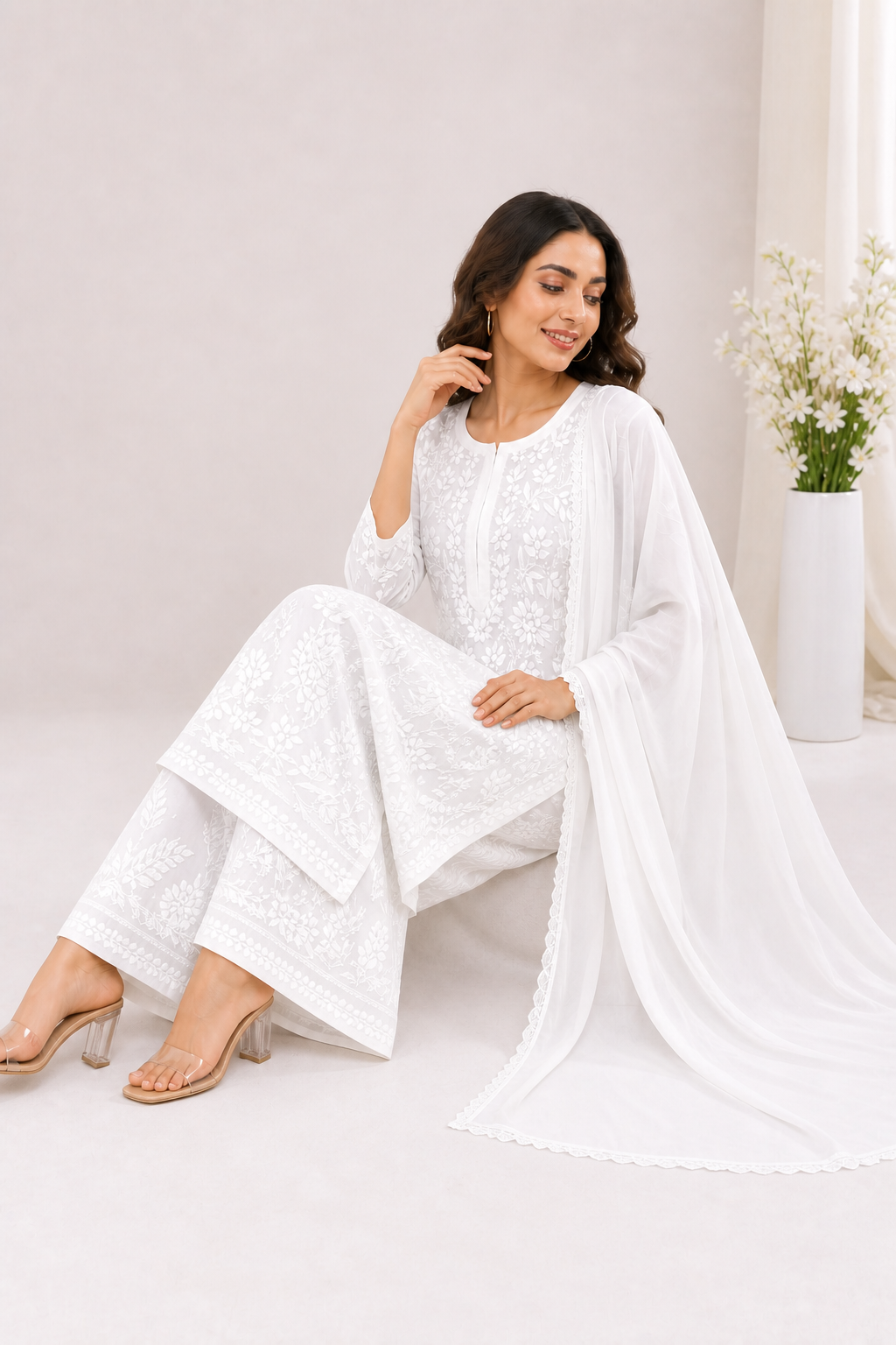 Viscose Georgette Solid 4pc Suit Set - White | Closetsecrets