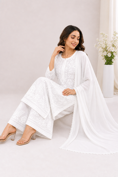 Viscose Georgette Solid 4pc Suit Set - White | Closetsecrets