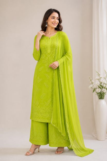 Viscose Georgette Solid 4pc Suit Set - Lime Green | Closetsecrets