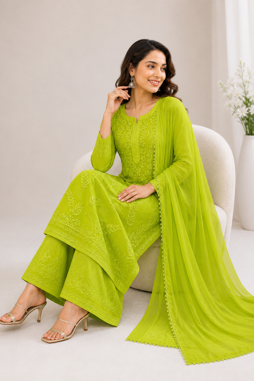 Viscose Georgette Solid 4pc Suit Set - Lime Green | Closetsecrets