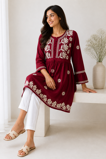 Mulmul Cotton Frock Kurti with Chikankari Embroidery