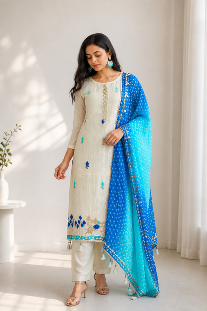 Elegant 3-Piece Shimmer Suit Set – Top, Bottom & Dupatta – Lightweight & Comfortable