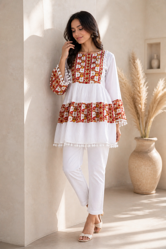 Short Kurti with Traditional Red Printed Neckline | Casual Ethnic Wear