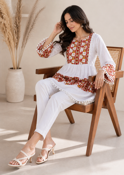 Short Kurti with Traditional Red Printed Neckline | Casual Ethnic Wear