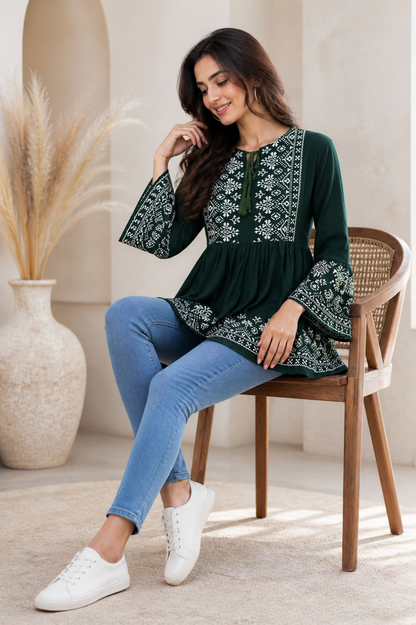 Dark Green Short Kurti with Tie-Up Neckline & White Print | Casual Ethnic Wear