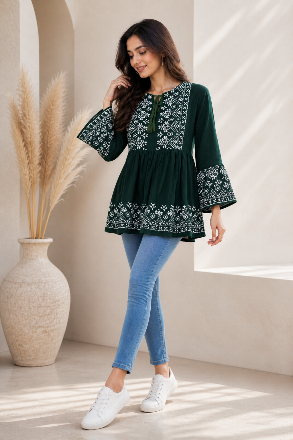 Dark Green Short Kurti with Tie-Up Neckline & White Print | Casual Ethnic Wear