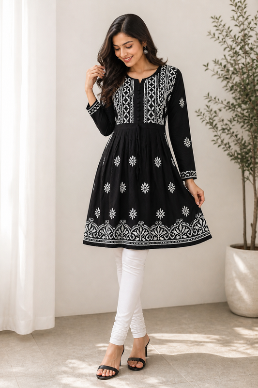 Mulmul Cotton Frock Kurti with Chikankari Embroidery