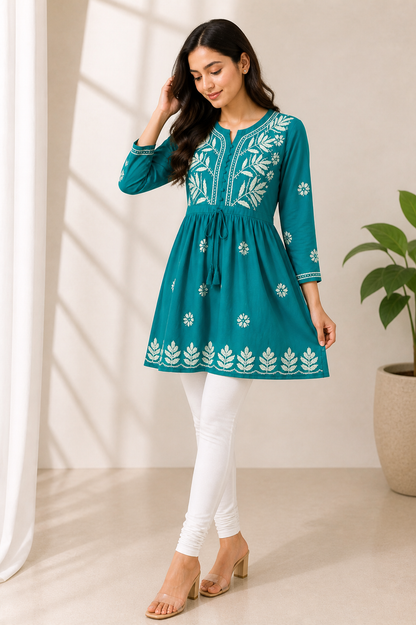 Mulmul Cotton Frock Kurti with Chikankari Embroidery