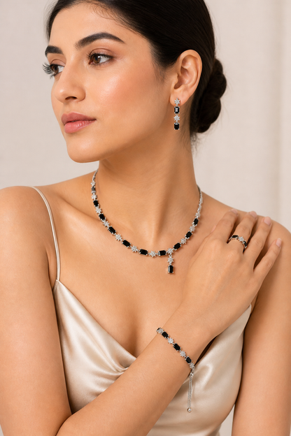 Black Stainless Steel Emerald-Cut Stone Jewelry Set | Necklace, Earrings, Ring & Bracelet