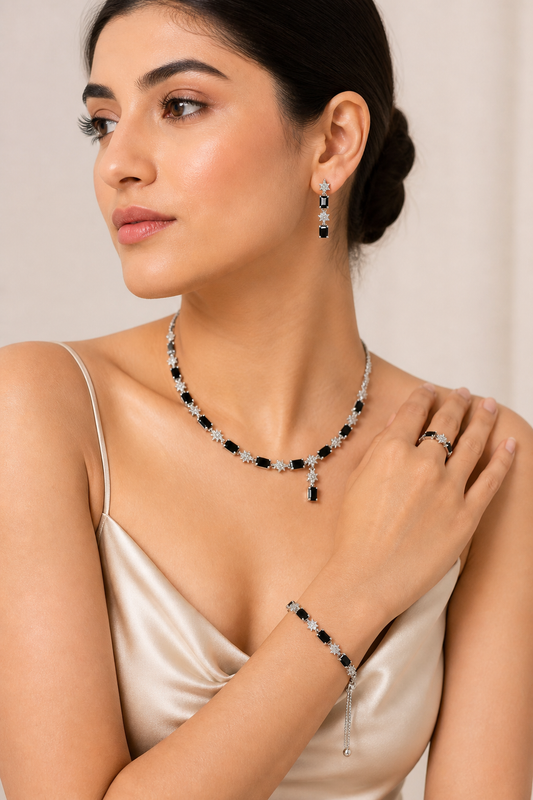 Black Stainless Steel Emerald-Cut Stone Jewelry Set | Necklace, Earrings, Ring & Bracelet
