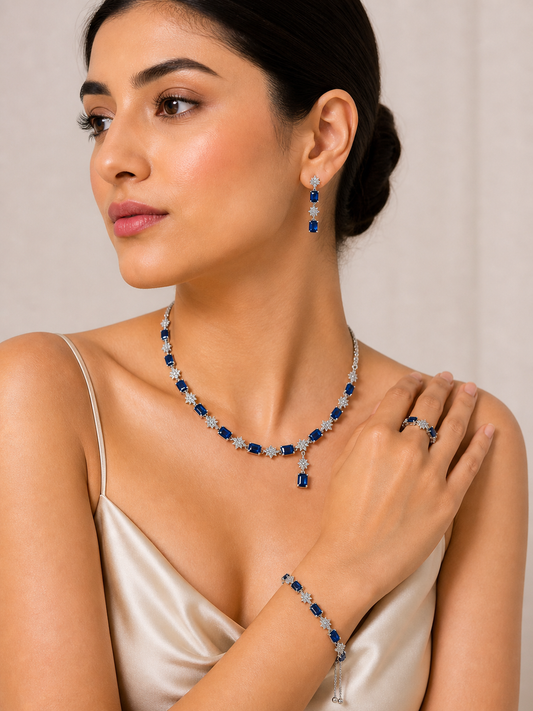 Blue Stainless Steel Emerald-Cut Stone Jewelry Set | Necklace, Earrings, Ring & Bracelet