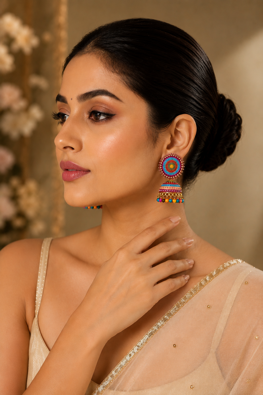 Traditional Jhumka Earrings with Multicolour Stone Detailing