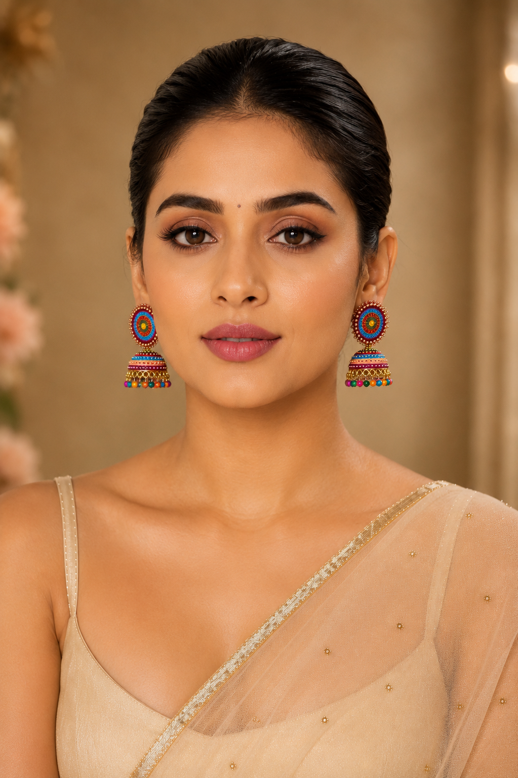 Traditional Jhumka Earrings with Multicolour Stone Detailing