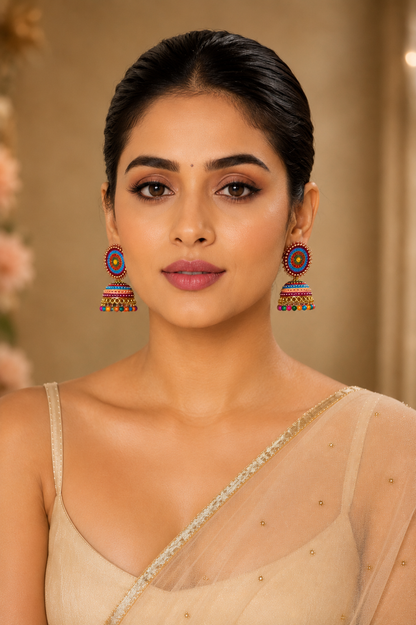 Traditional Jhumka Earrings with Multicolour Stone Detailing