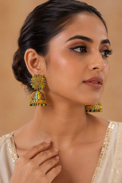 Traditional Jhumka Earrings with Multicolour Stone Detailing