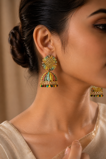 Traditional Jhumka Earrings with Multicolour Stone Detailing