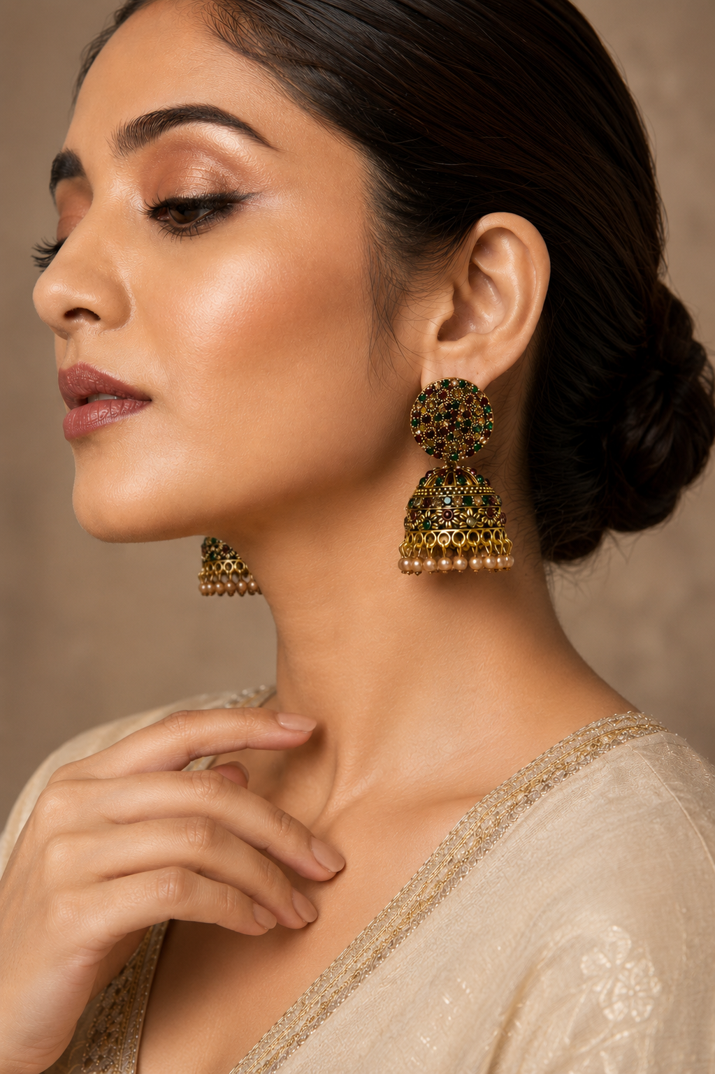 Traditional Jhumka Earrings with Multicolour Stone Detailing