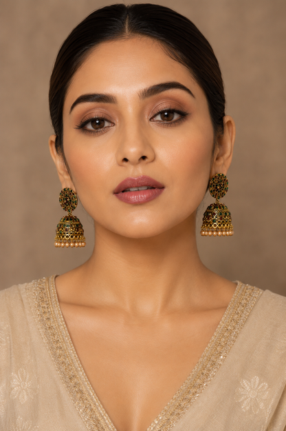 Traditional Jhumka Earrings with Multicolour Stone Detailing