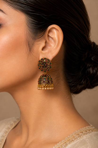 Traditional Jhumka Earrings with Multicolour Stone Detailing